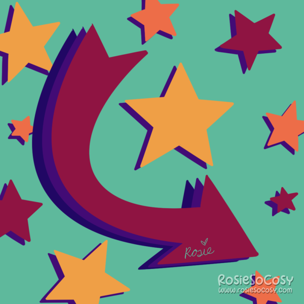 Illustration of an arrow surrounded by stars. The background is seafoam. The arrow is a dark fuchsia pink, its shadows are purple. The stars are yellow, orange and dark pink.