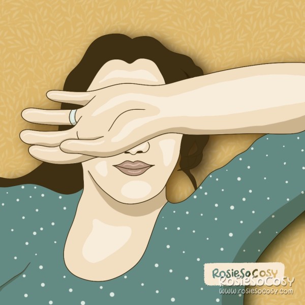 An illustration of a brunette woman lying in bed, covering her eyes with her hand, shielding herself from the harsh light. She is wearing a seafoam shirt with white dots. Her background (the bedding) is yellow with a subtle white floral pattern. She is wearing a wedding band.