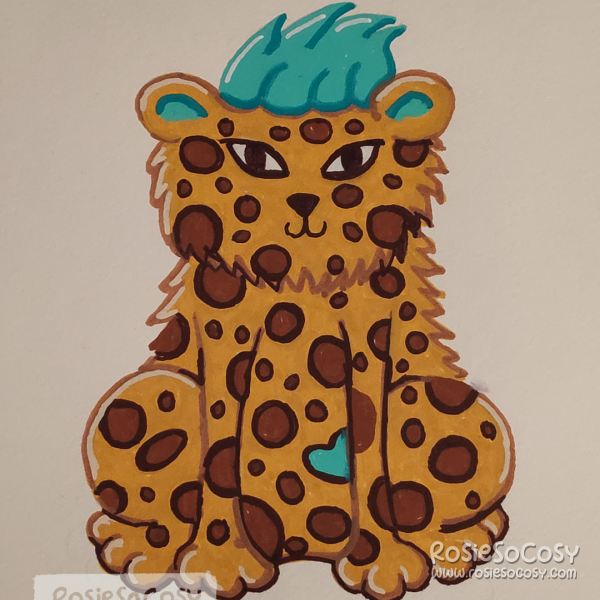 Illustration of an ochre leopard with brown spots and teal accents.