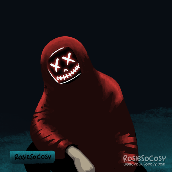 Illustration of a creepy looking person squatting on the asphalt outdoors. It is really dark out. The person has their head tilted, and is wearing a red hoodie and a neon face mask, covering their entire face. The eyes are crossed out, and the mouth looks likeit has been stitched.