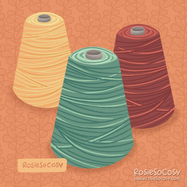 Illustration of three large spools of thread. A yellow one, a blue green one and a dark red one.