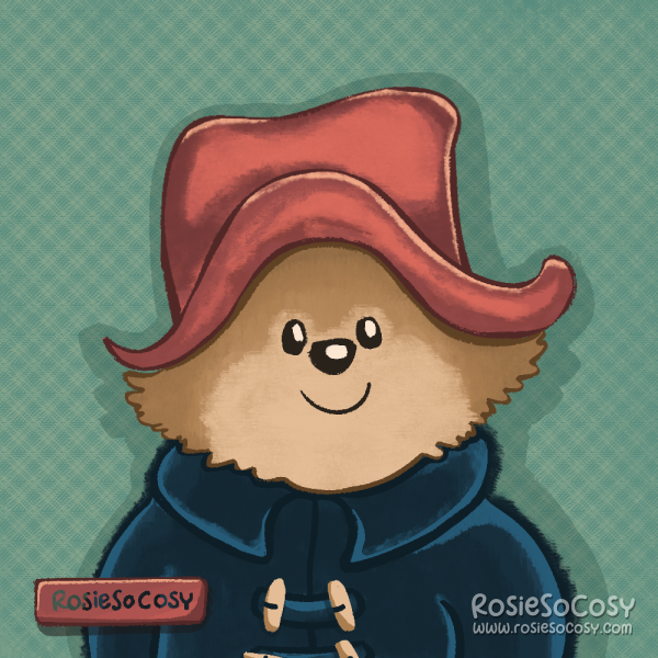 An illustration of Paddington Bear. Paddington is wearing a dark blue coat, a red hat and the background has a diagonal plaid pattern in muted teal.
