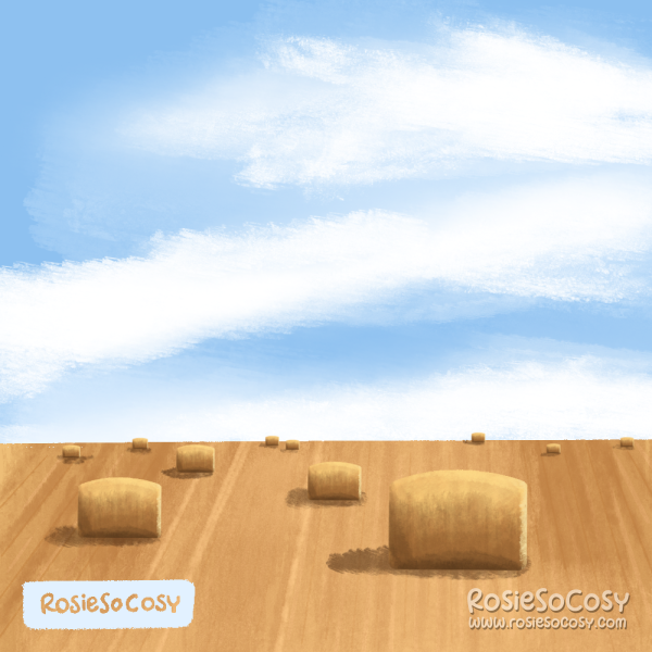 An illustration of a field with hay bales. Blue sky with white clouds.