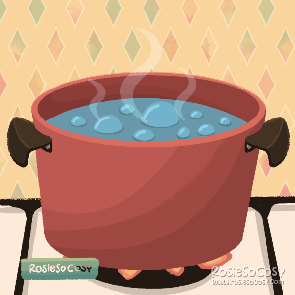 An illustration of a red pan on the stove. The water inside the pan is boiling, ready to cook something. There’s a pastel yellow patterned backdrop behind the stove.