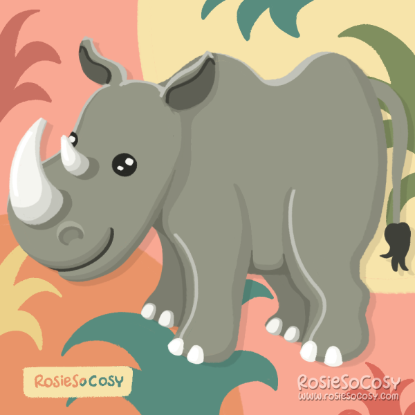 An illustration of a grey rhino with a pink, tropical background with coral, yellow, green and teal leaves.