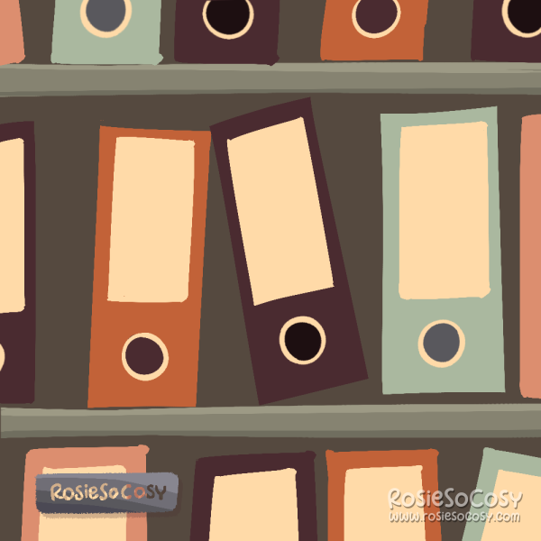 An illustration of a file cabinet with big binders in various colours.