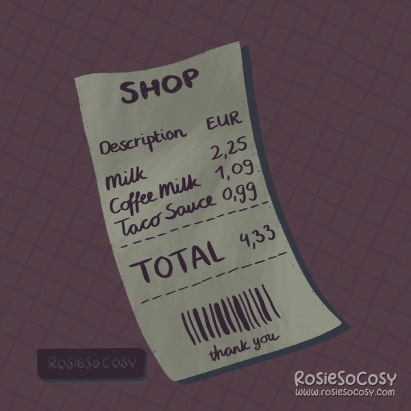 An illustration of a paper receipt from a supermarket. At the top it says "SHOP" and below there are several groceries listed such as Milk, Coffee Milk and Taco Sauce. The total is €4,33. At the bottom it says "thank you"