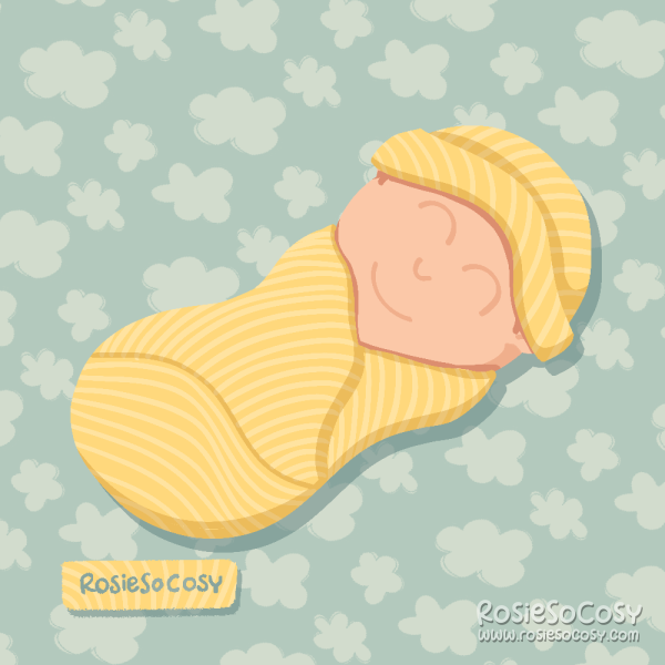 A newborn baby wrapped in a yellow blanket wearing a yellow newborn hat.The background is a light blue with cute, puffy clouds.