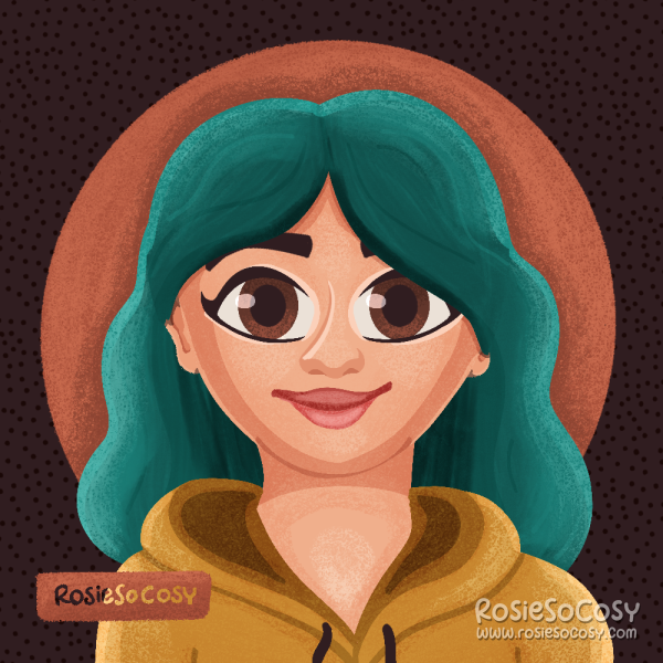 Self portrait illustration of Rosie with seafoam hair, pink lips, big brown eyes and an ochreyellow hoodie.