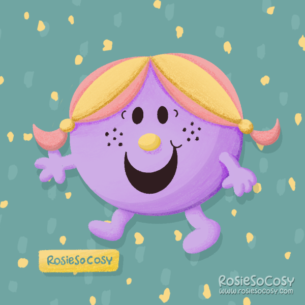 An illustration of Little Miss Nice, from the Mr. Men series. Little Miss Nice is a light purple, with black freckles on each cheek. She has pink hair with yellow highlights.