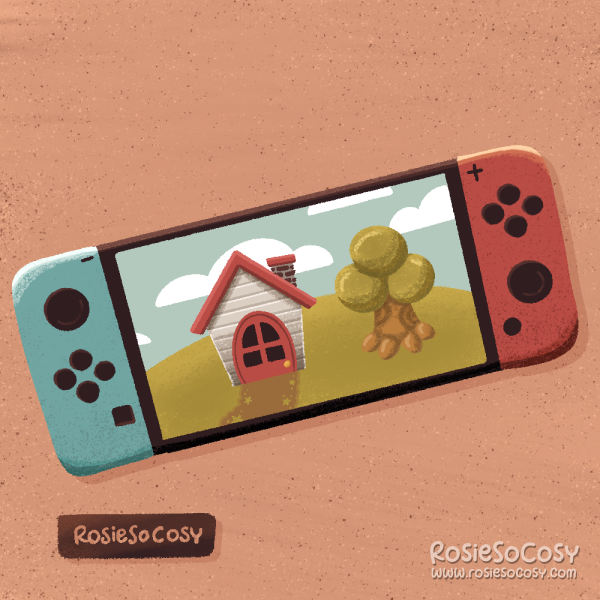 An illustration ofa neon blue/neon red Nintendo Switch, with on the display Animal Crossing: New Horizons.