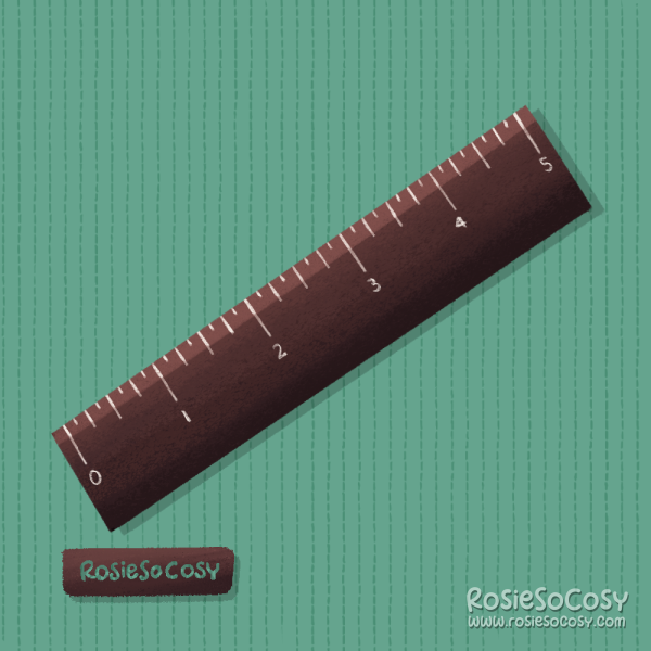 An illustration of a ruler in inches. The ruler is dark brown/black with white markings.