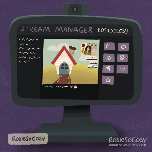 An illustration of a monitor with what appears to be a Twitch dashboard, with a preview of the stream, quick actions on the right and some jibberish on the left. The stream is showing an Animal Crossing style game and a webcam with Rosie in it.