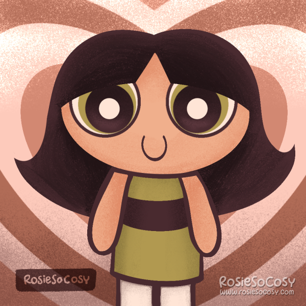 An illustration of Buttercup, a character from the Powerpuff Girls TV show. Buttercup has (really dark brown in this illustration) black hair, green eyes and a green dress/top.