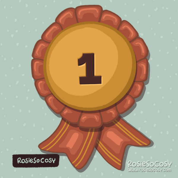 Illustration of a red and gold first place prize ribbon.