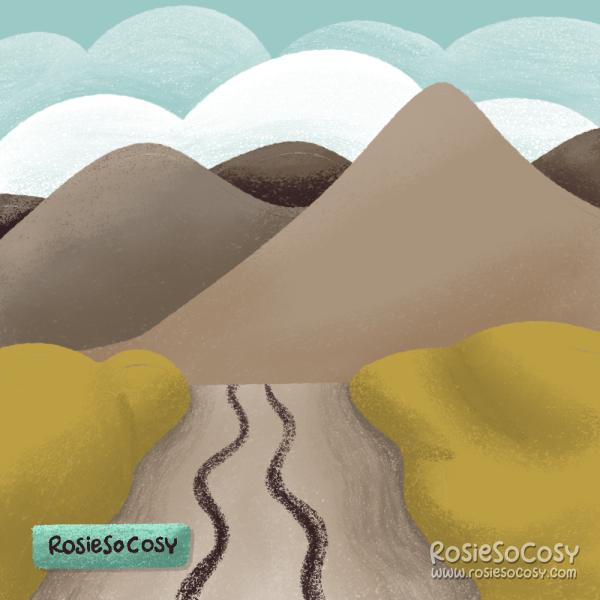 An illustration of a road with skid marks on it. No car in sight. In the distance are greyish mountains and a blue cloudy sky.