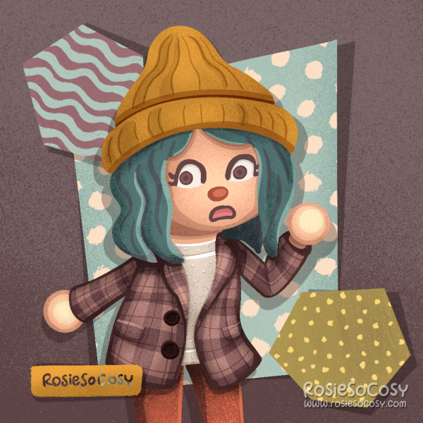 An illustration of my character in the videogame Animal Crossing: New Horizons. She is wearing a burgundy/brown plaid coat, with a cream coloured sweater underneath. She has brown red chino pants. And she has an ochre yellow knitted beanie, and she has seafoam hair. Her facial expression is surprise or shock. 