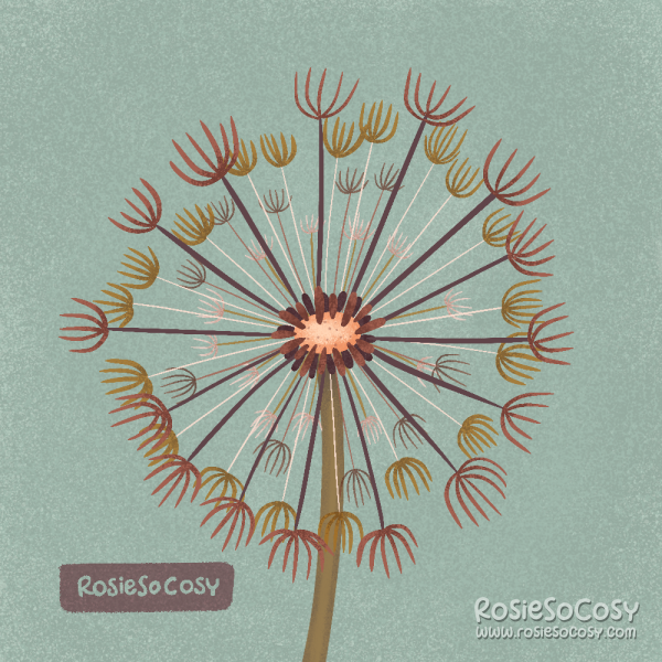 Illustration of a dandelion flower, but with unconventional colours. There is brown, red, green and cream.