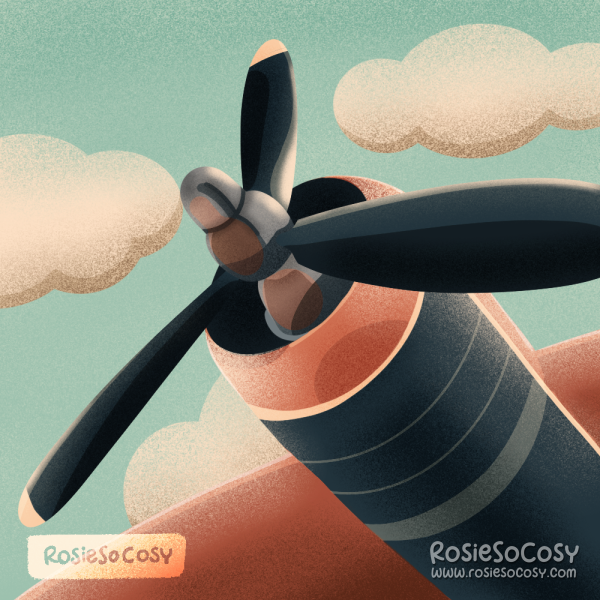 Illustration of an airplane, with a propeller on its nose. As seen from below, with a blue skies and creamy white clouds in the background.