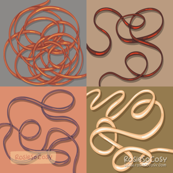 A four piece illustration of various jumbled up (what appears like) cords. It symbolises Rosie’s autistic brain during various states of sensory overload.