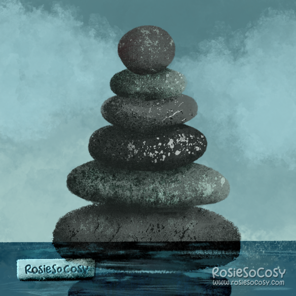 An illustration of balancing stones, stacked on top of each other. The stones are all grey, some a bit darker than the others. The stones are surrounded by water, and the sky behind the stones is a misty faded blue.
