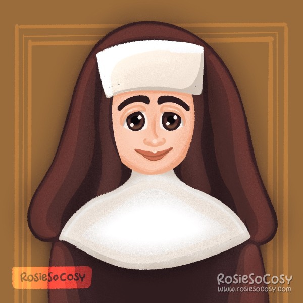 An illustration of a nun. She has fair skin and dark brown eyes. She is smiling and looks kind. She's standing in front of a wainscoting wall.