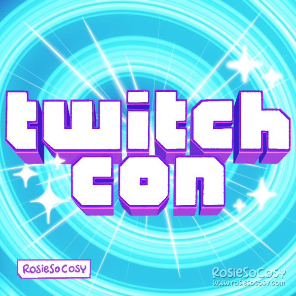 It's a purple and white TwitchCon logo on a blue swirly background, with white sparkles all around it.