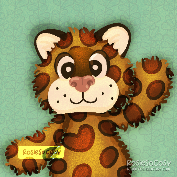 An illustration of Junior, a small plush leopard. He is yellow brown with reddish brown spots on his body. His ears are black on the outside, and creamy white on the inside. The lower half of his face is also creamy white. His nose is a muted pink. He no longer has whiskers. Junior has big white eyes with big black pupils. He's subtly smiling and waving at the camera.