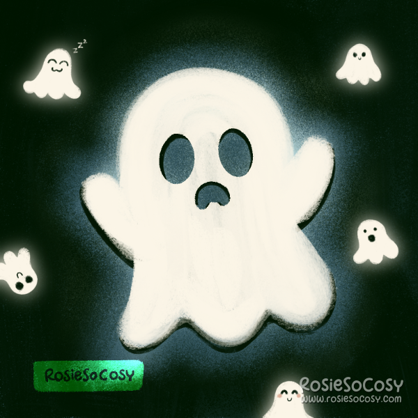 An illustration of a cute little ghost. It's surrounded by five smaller ghosts.