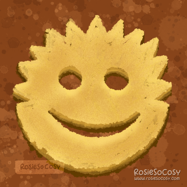 An illustration of a Scrub Daddy sponge/cleaning product. It's a yellow sponge with spikey hair and a smile.