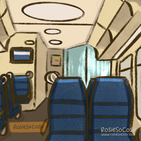 An illustration of the inside of a double decker passenger train. The environment is white/cream/beige, and the chairs are dark blue. The ground is a brown colour. There are circular ceiling lights and glass doors at the very end.