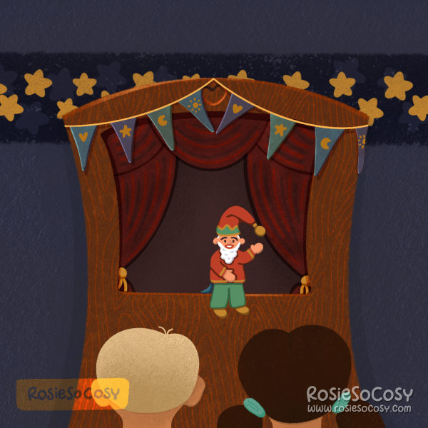 An illustration of a puppet show with two children in the audience.