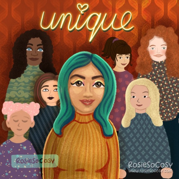 An illustration of a group of women, all looking different from each other. The character at the front has seafoam hair and dark brown eyes, and is wearing an ochre yellow jumper. The women surrounding her vary in skin tone, eye colour, hair colour and all of them have different clothes.