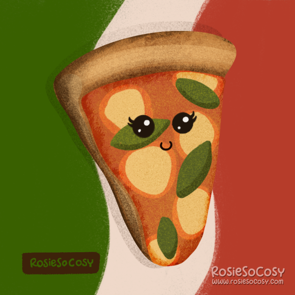 An illustration of a slice of (kawaii) pizza, with tomato sauce, mozzarella cheese and basil leaves, in front of a big Italy flag.