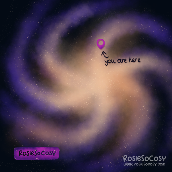 An illustration of a galaxy "swirl" with a location pin and the text saying "You are here"