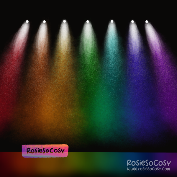 An illustration of 7 stage lights, shining down onto the stage. From left to right: red, orange, yellow, green, teal, blue and purple.