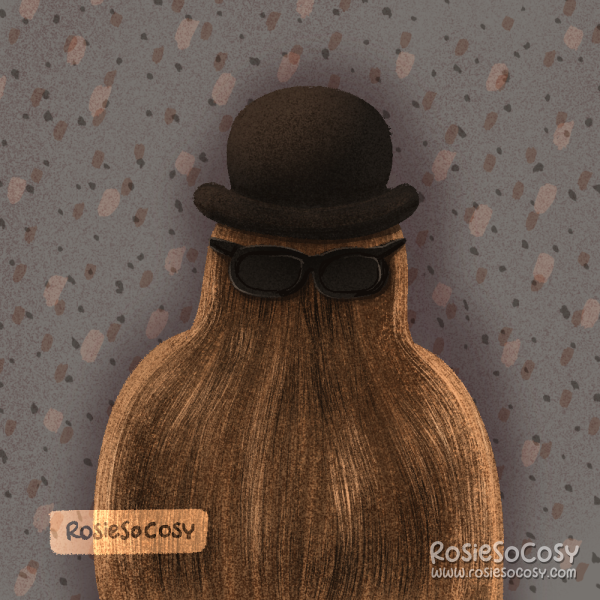 Illustration of hairy Cousin It from The Addams Family. Cousin It is wearing a black bowler hat and black sunglasses.