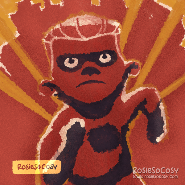 Illustration of Dash, the eldest son in The Incredibles movie. Dash is dressed in a red and black uniform. He is running towards the camera.
