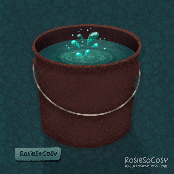 An illustration of a dark brown bucket filled with water, with water splashing down causing drops to splash up.