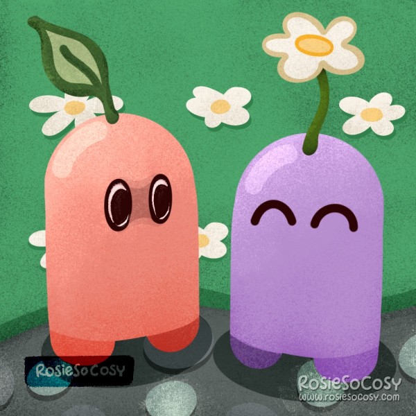 An illustration of two cute Gourdlets from the Gourdlets game. The one on the left is pink and has a leaf on its head, the one on the right is a lilac purple and has a daisy on its head. They're standing on a stone pathway and you can see grass and daisies in the background.