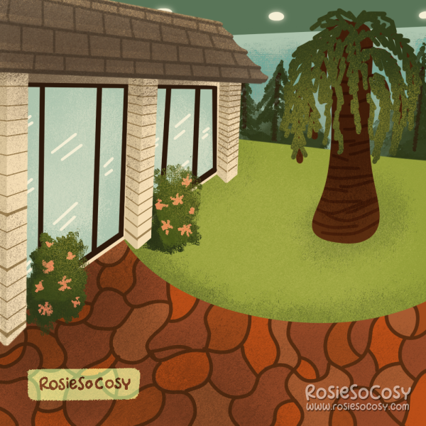 An illustration of an underground villa in a bunker. It's inspired by the movie Blast from the Past and based off a photo from an $18 million underground bunker village in Las Vegas. The house has creamy bricks, a beige roof, artificial green grass, palm trees and green shrubs with pink flowers. There's a terracotta path leading towards the house.