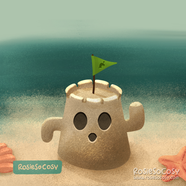 An illustration of a Gyroid sandcastle on the beach. On top of the Gyroid castle is a little green flag with a Nook leaf icon on it. To the left is a shell, to the right is a starfish. In the distance you can see the ocean.