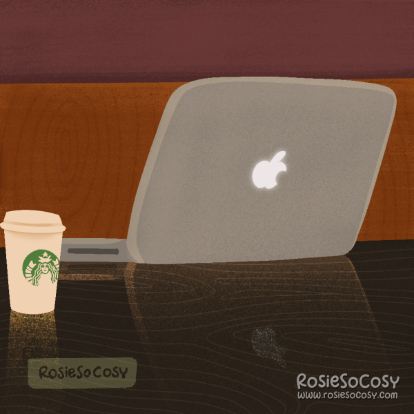 An illustration of an Apple Macbook, on a table with a Starbucks cup next to it.