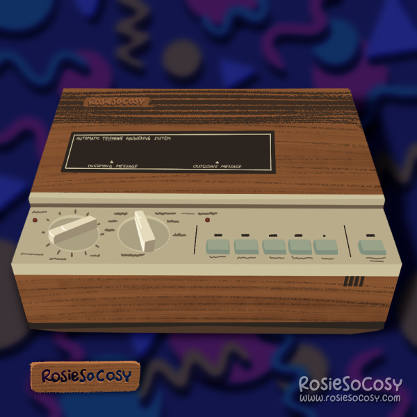 An illustration of a vintage 80s wood and metal answering machine KX-T1521, with two dial buttons on the top left and six blueish grey rectangular buttons on the right. The background is a very dark blue blurred 80s patterned background.