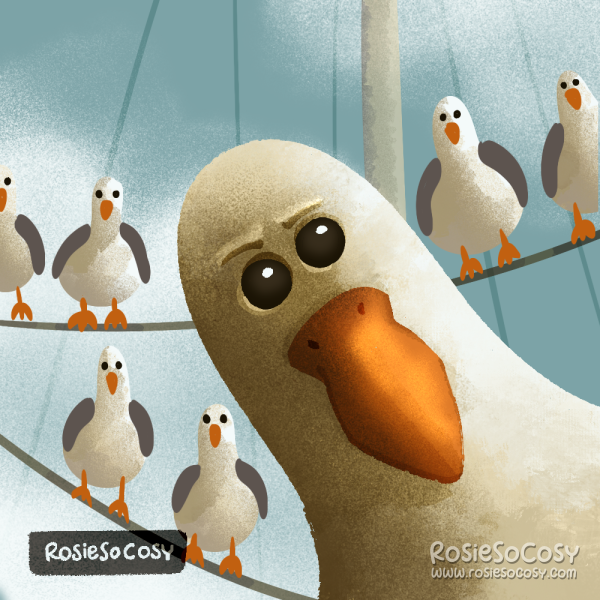 An illustration of the famous seagulls scene from Finding Nemo. A seagull up close, and several in the background.