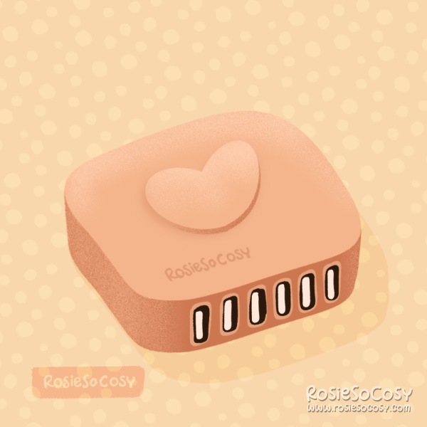 An illustration of a cute pink USB hub. It has 6 USB ports on the side, and an embossed heart, as well as the text RosieSoCosy on top of it.