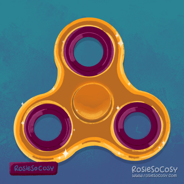An illustration of a fidget spinner. It’s gold and has burgundy details.