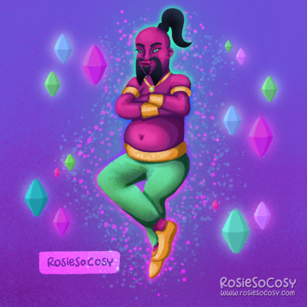Illustration of a fuchsia coloured genie from the lamp, inspired by the genie from the very first instalment of The Sims (2000). The genie is wearing light green trousers, gold bracelets and armlets. He has a dark ponytail and a dark beard. He has a big belly and has his arms crossed. Around him are plumbobs, diamond shaped illuminated objects in colours going from pink to purple, to blue to aqua.