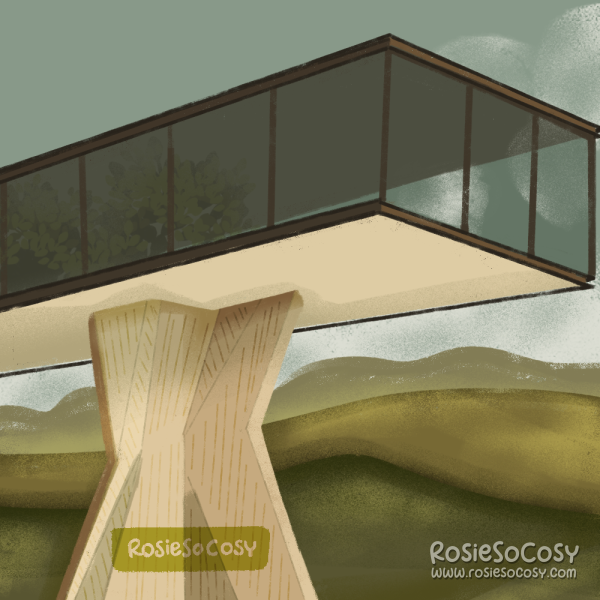An illustration of a modern building, being supported by massive artsy supports. The building has glass windows all around, top to bottom, allowing for a really nice view of the hills in the distance.