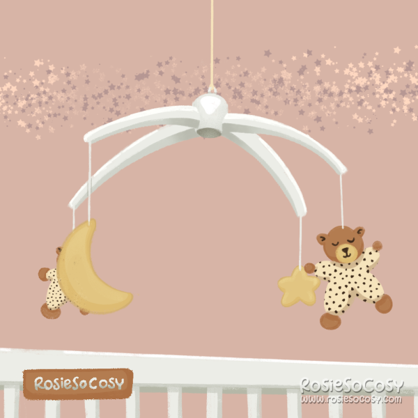 It’s an illustration of a pink nursery with a white nursery mobile with a crescent moon, star, and two brown bears, wearing cream coloured outfits. The mobile hangs over a crib, and the walls have a subtle starry border.